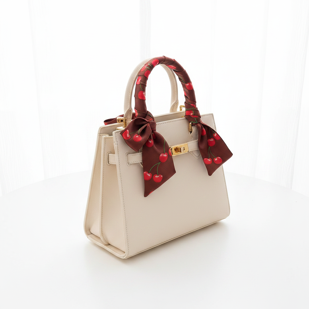 Brown cherry scarf on bag, side