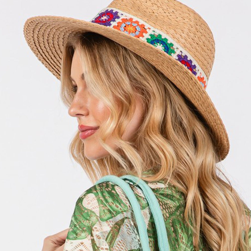 Handmade Floral Crochet Band Straw Hat