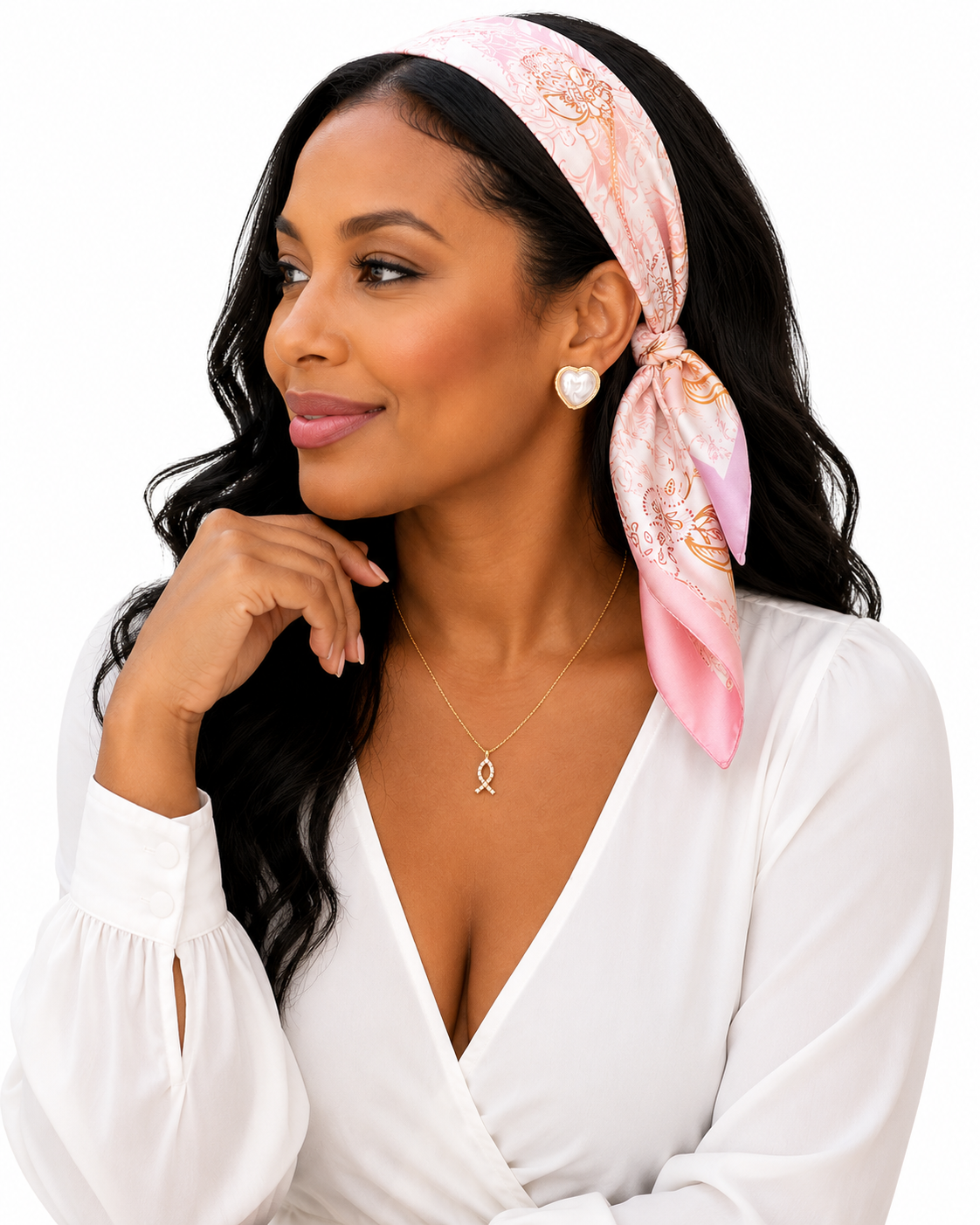 Hautefull Sunday Brunch Accessories Set Pink Satin Scarf Gold Jewelry