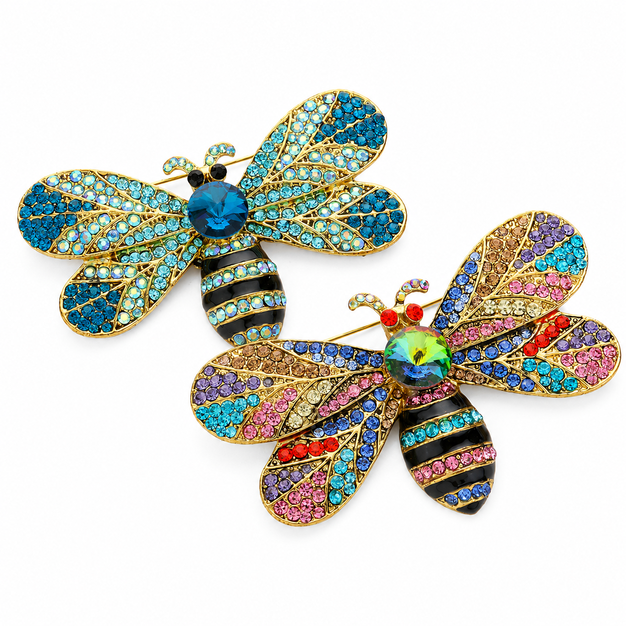 2pcs Crystal Bumble Bee Brooch Set Blue and Multicolor Rhinestone Pins