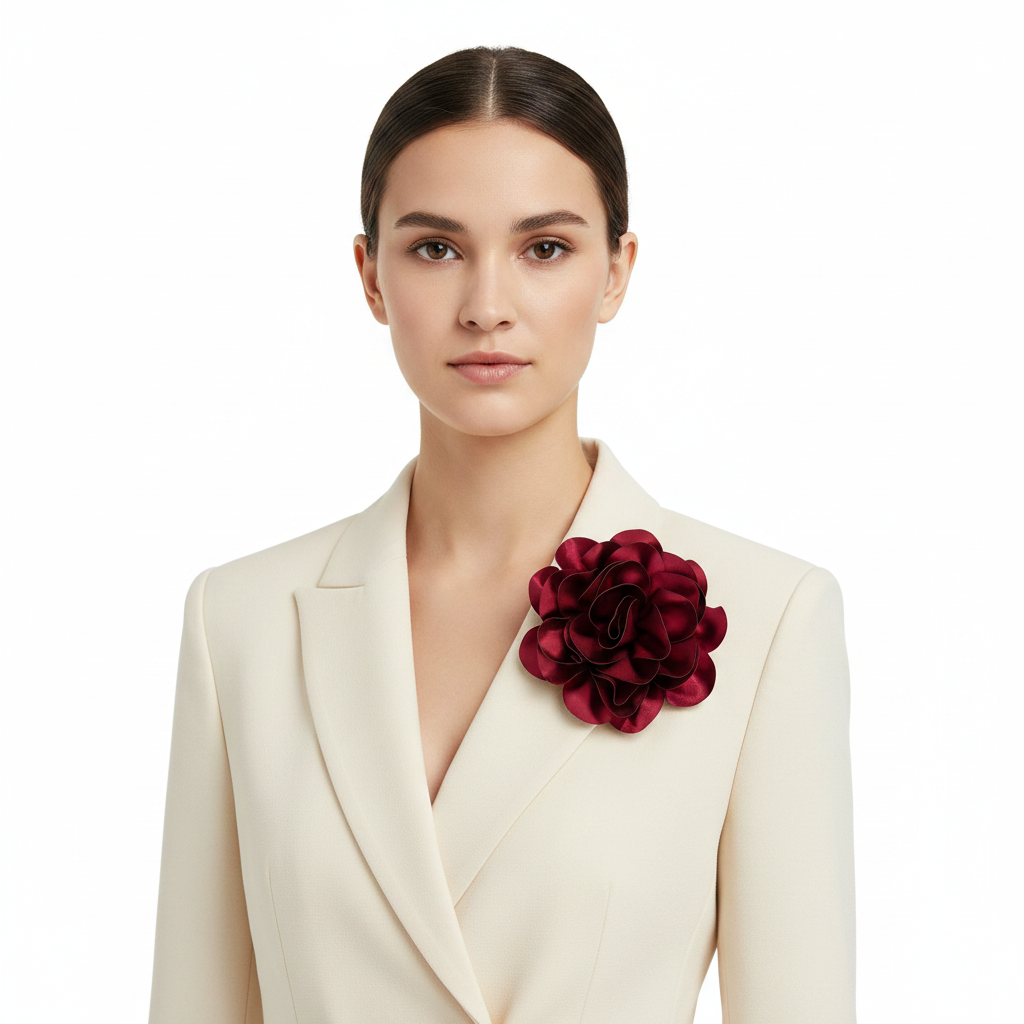 Burgundy Satin Rose Brooch Lifestyle