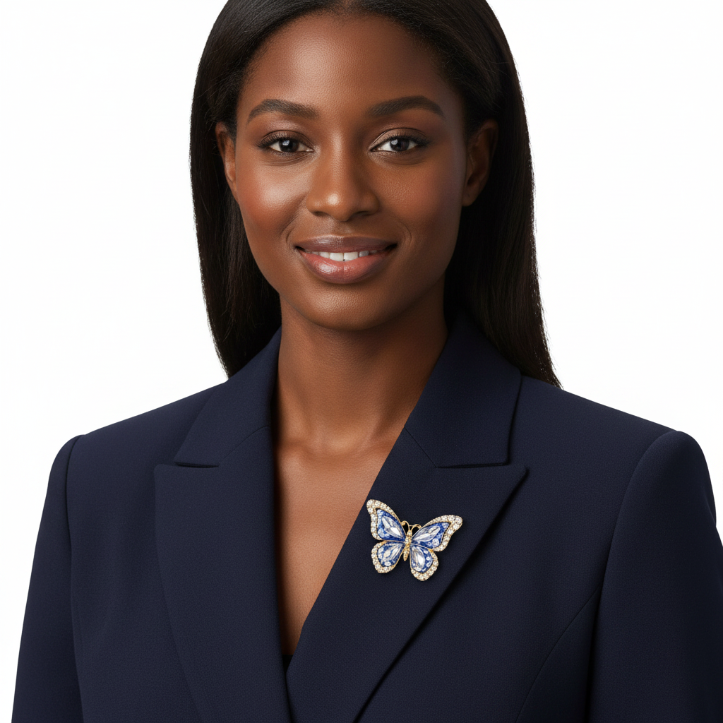 Butterfly brooch on navy blazer