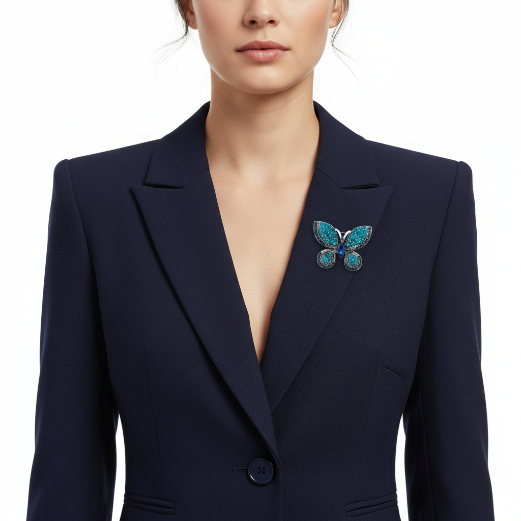 Butterfly Brooch on Navy Blazer