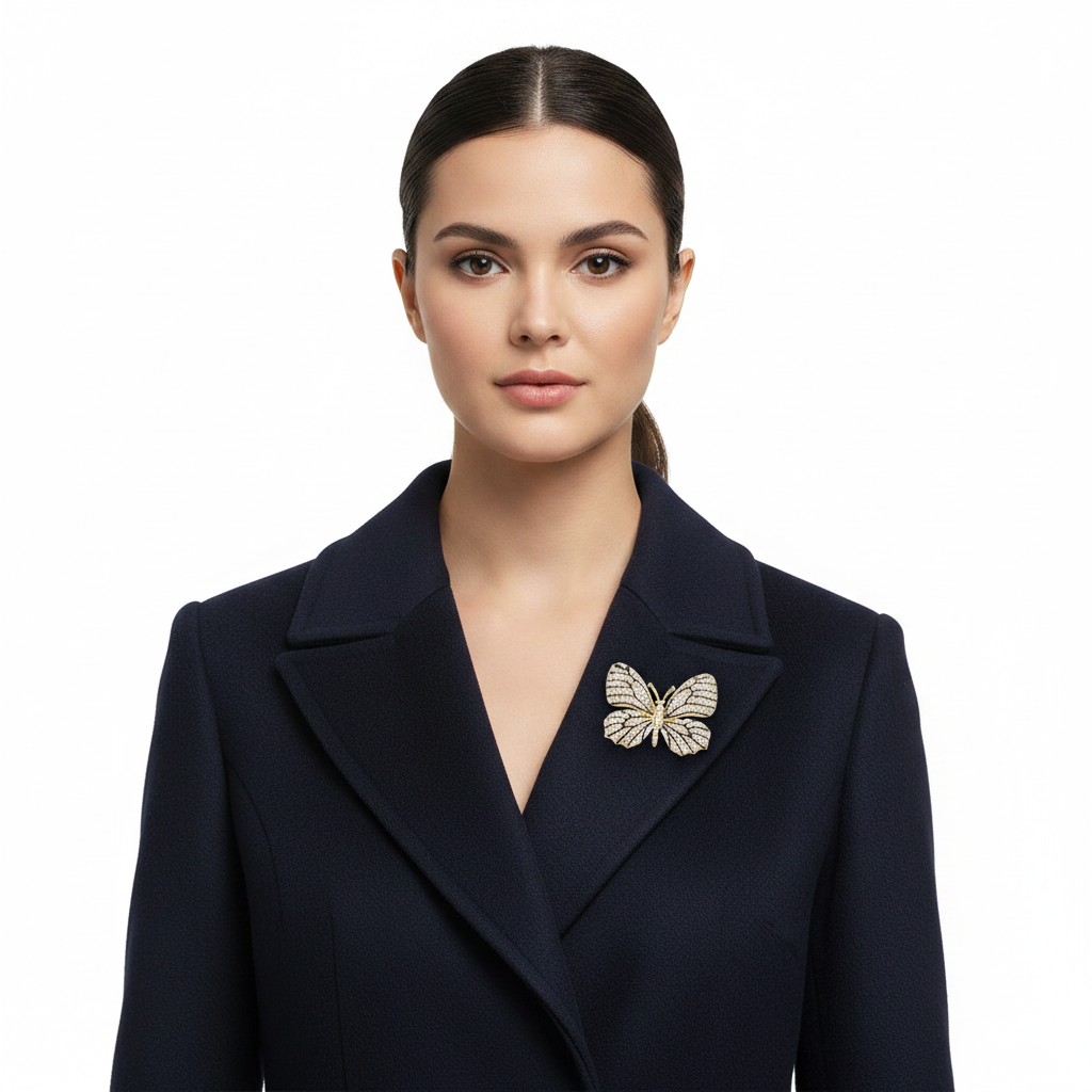 Butterfly Brooch on Winter Coat Front