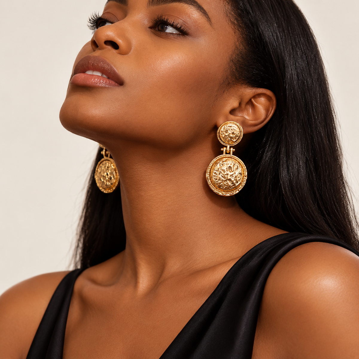 Textured Gold Coin Statement Drop Earrings