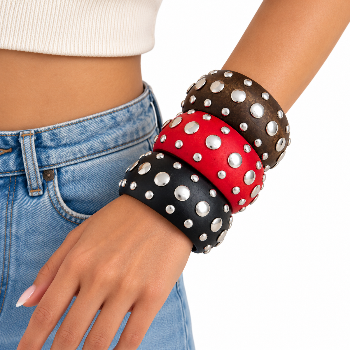 3-Piece Chunky Studded Bangle Bracelet Set in Red, Black & Brown