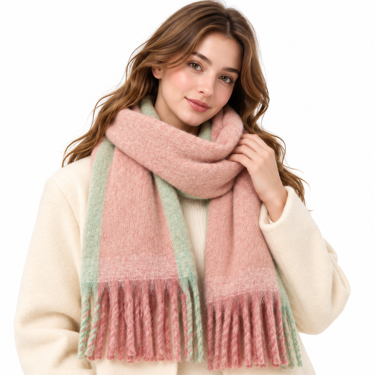 Oversized Winter Scarf in Blush Pink & Sage Green