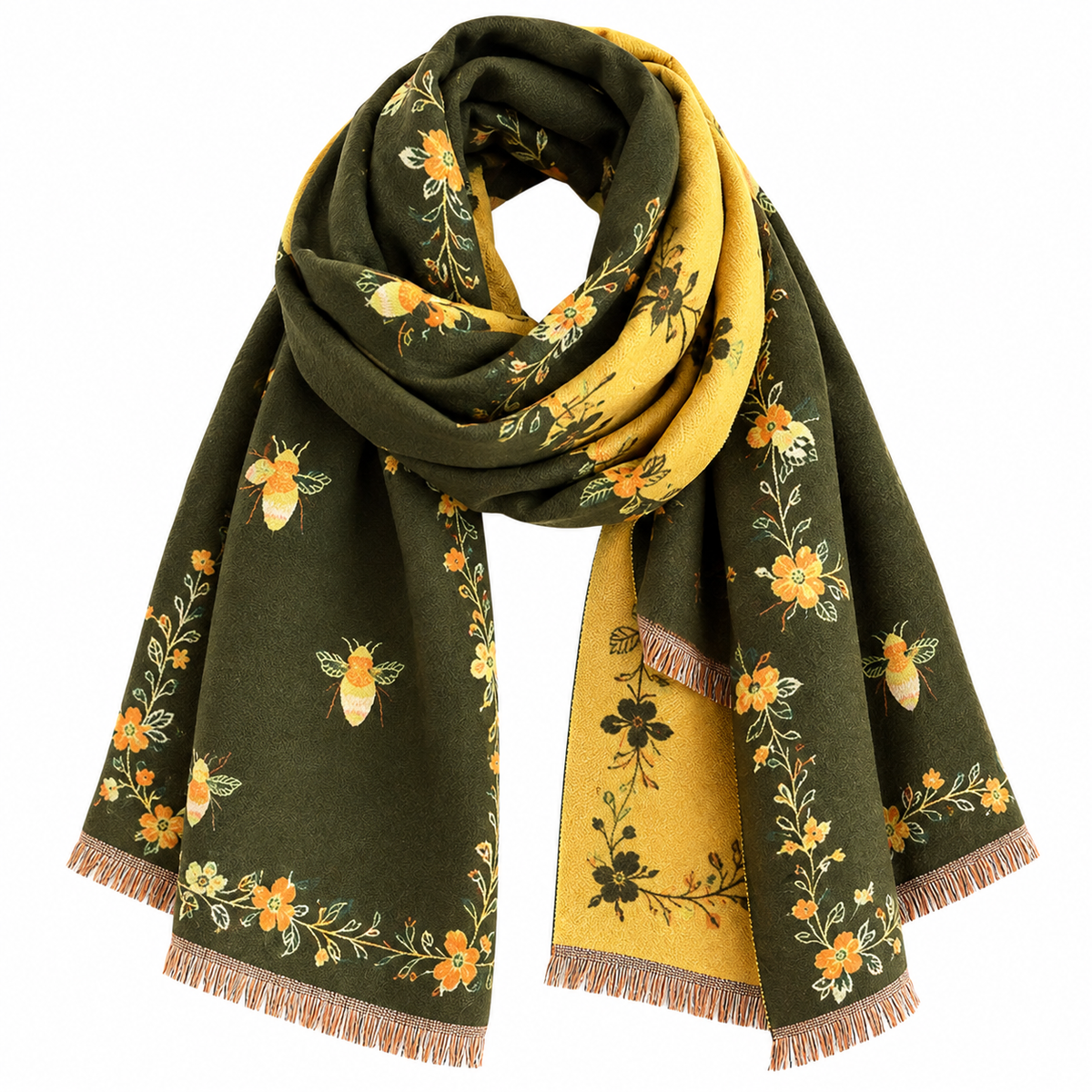 Reversible Bee & Floral Print Shawl Wrap Scarf – Olive Green & Mustard Yellow with Fringe
