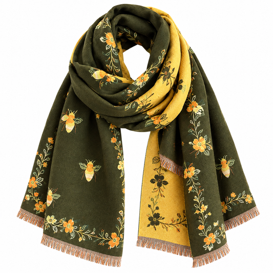 Reversible Bee & Floral Print Shawl Wrap Scarf – Olive Green & Mustard Yellow with Fringe