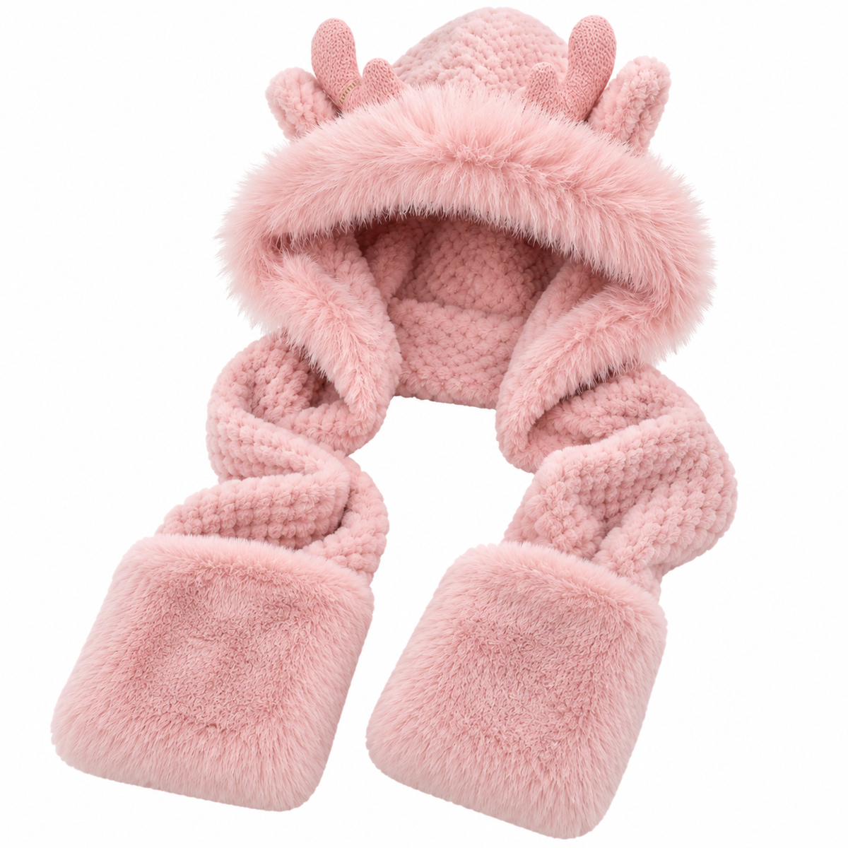 Women's Pink Plush Antler Hooded Scarf with Hand Pockets