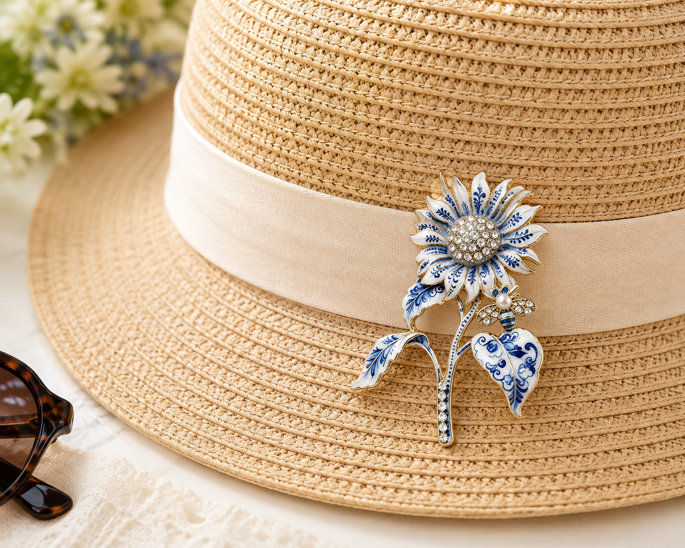 Blue Porcelain Sunflower & Bee Brooch