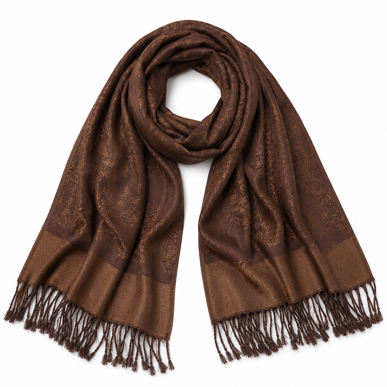 Brown Paisley Jacquard Pashmina Shawl Wrap | 35" x 71" | Fringed Winter Scarf for Women