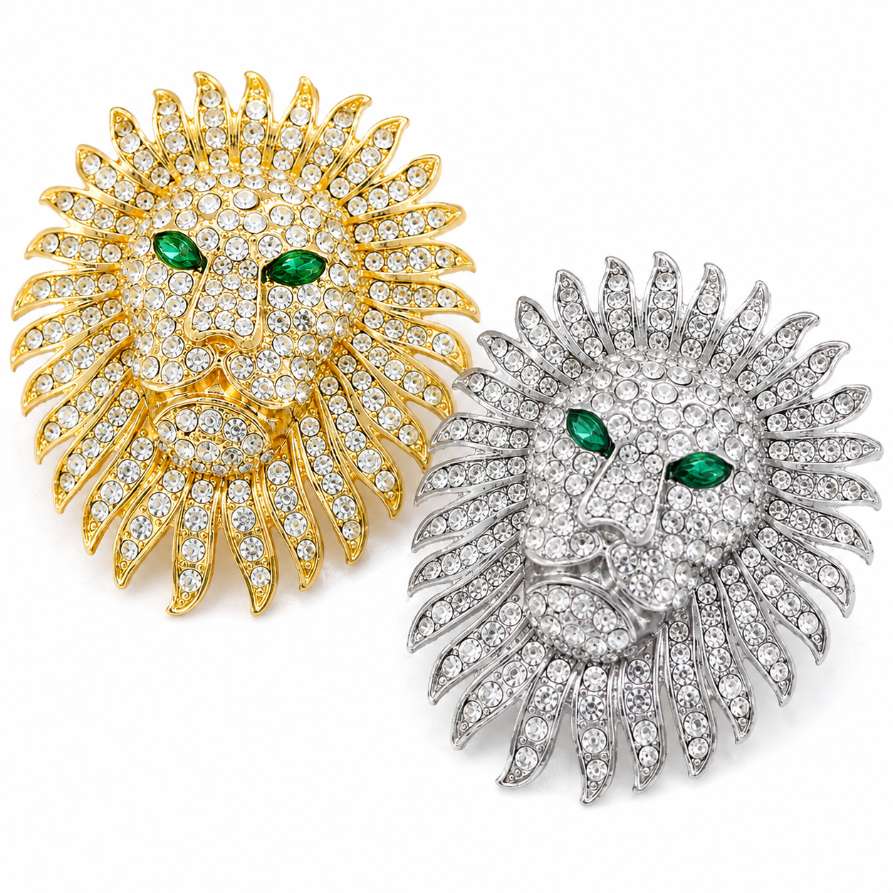 Crystal Lion Head Brooch – Pave Rhinestone Mane with Emerald Green Crystal Eyes