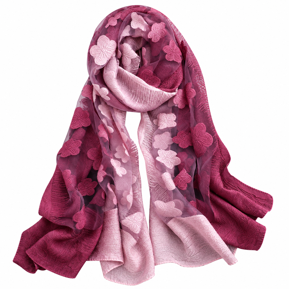 Pink & Burgundy Floral Sheer Scarf – Long Wrap Shawl