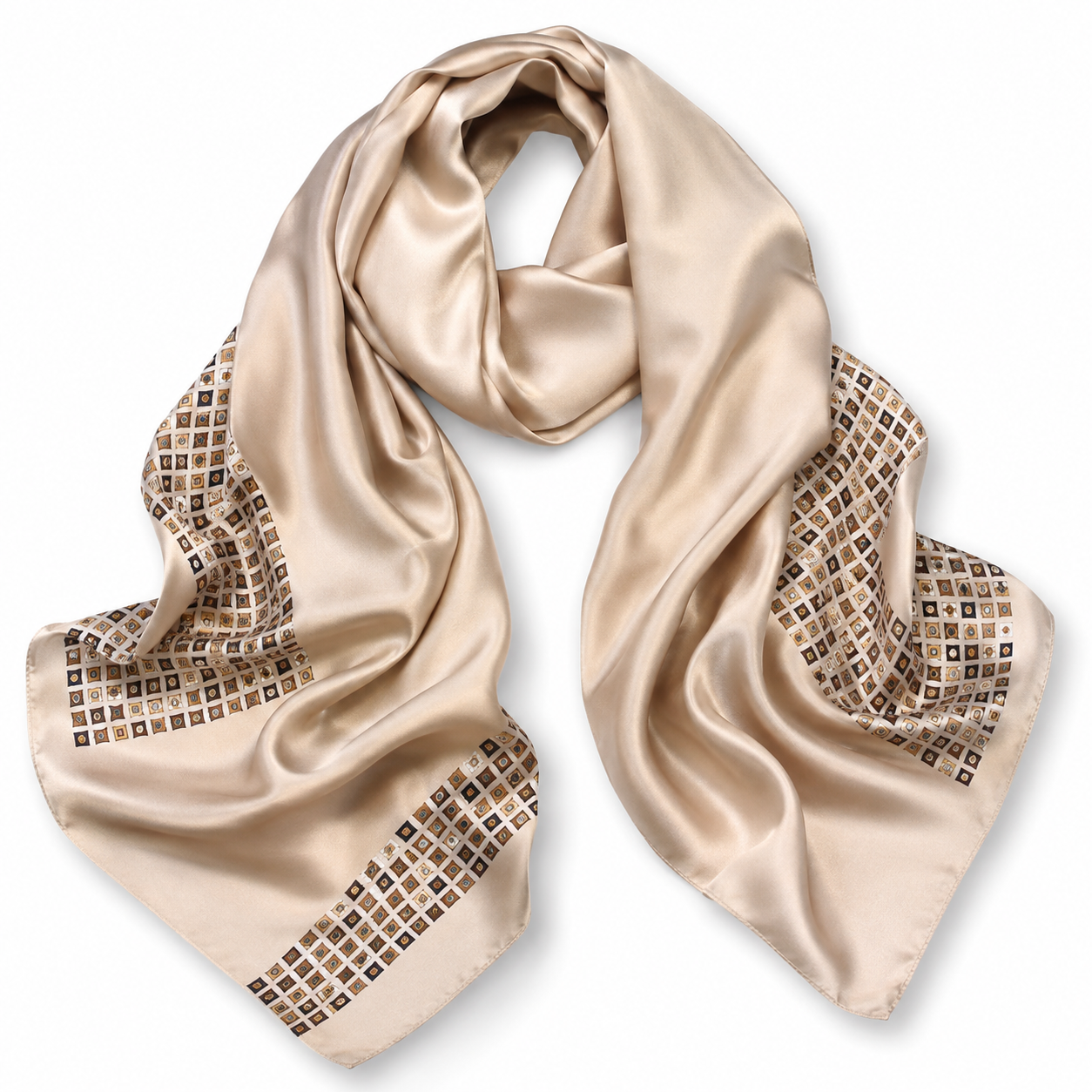Champagne Silk-Feel Square Scarf with Geometric Border | 35" x 35"