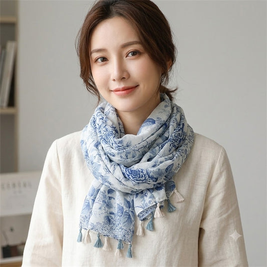 Blue Floral Tassel Scarf Premium Lightweight Wrap