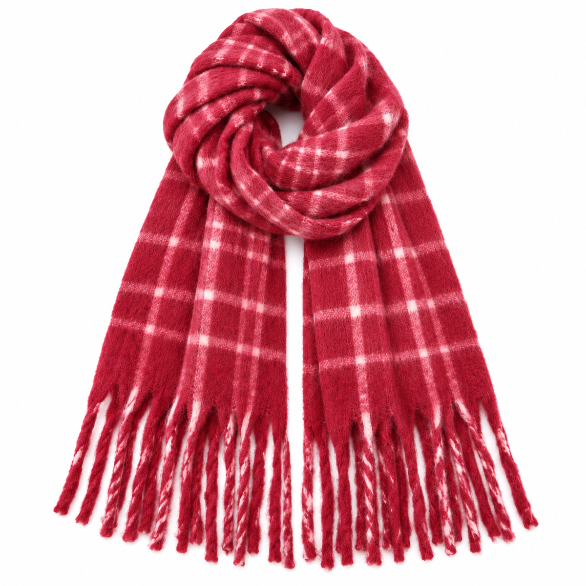 Chunky Plaid Scarf Red White Checkered Oversized Tassel Blanket Wrap Shawl