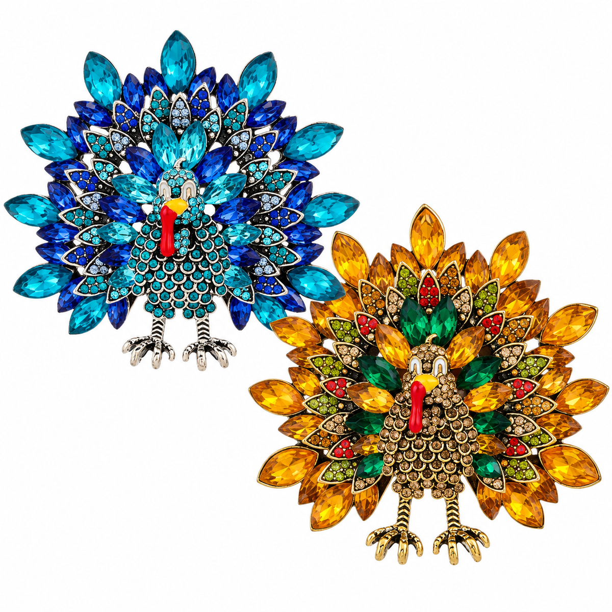 Rhinestone Turkey Brooch Set of 2 – Blue & Gold Thanksgiving Pins