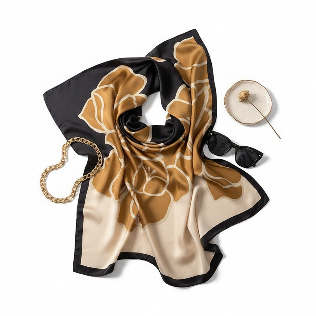 Camel scarf flat-lay