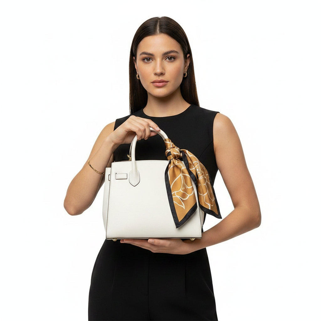 Camel scarf on handbag, front