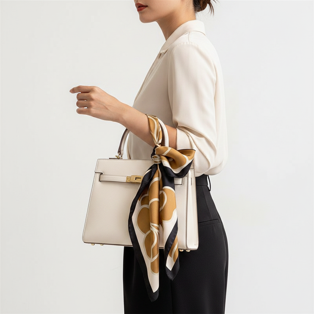 Camel scarf on handbag, side