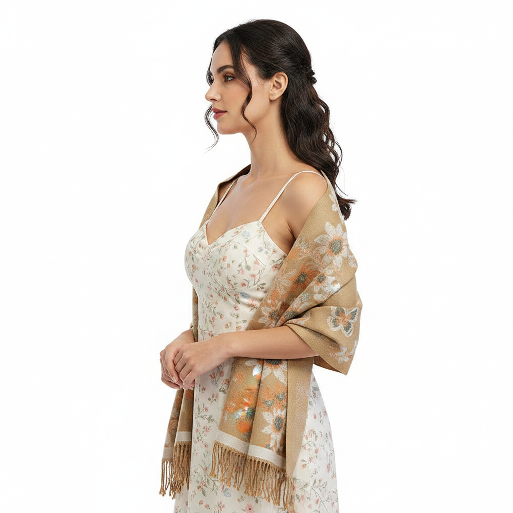 Camel Sunflower Shawl – Side Lifestyle