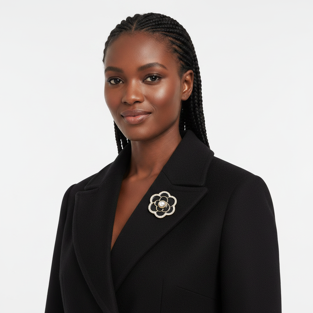 Camellia Brooch on Black Coat