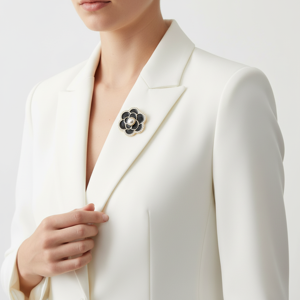 Camellia Brooch on White Blazer