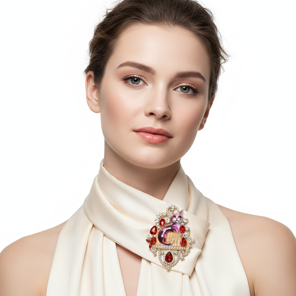 Cat brooch on cream scarf – front