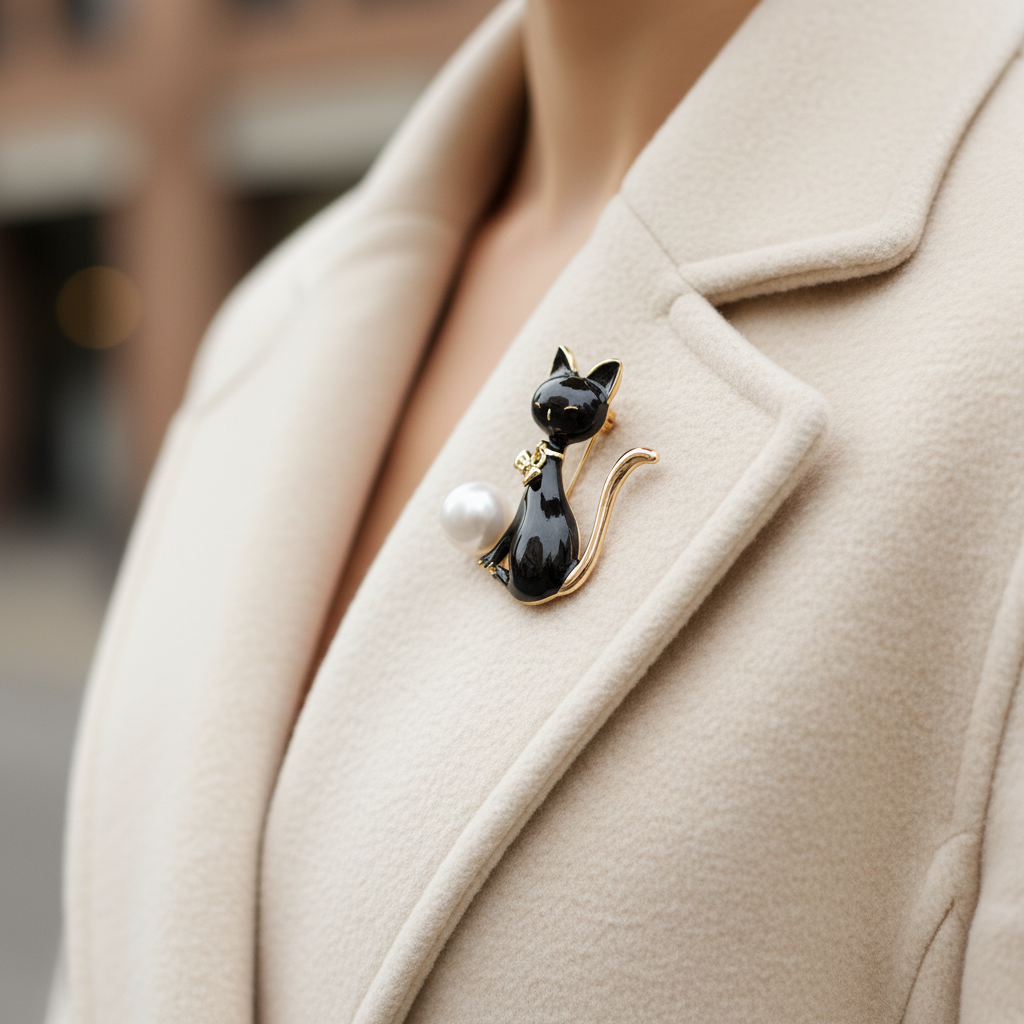 Cat Pearl Brooch – Cream Coat Side View