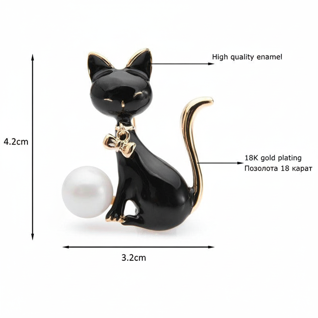 Cat Pearl Brooch – Dimensions Infographic English