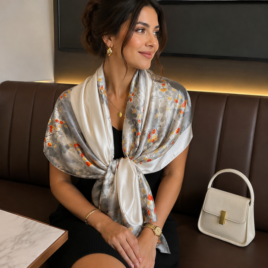Cream Floral Black Pattern Scarf Wrap 71x35 in Large Silk Feel Shawl Soft
