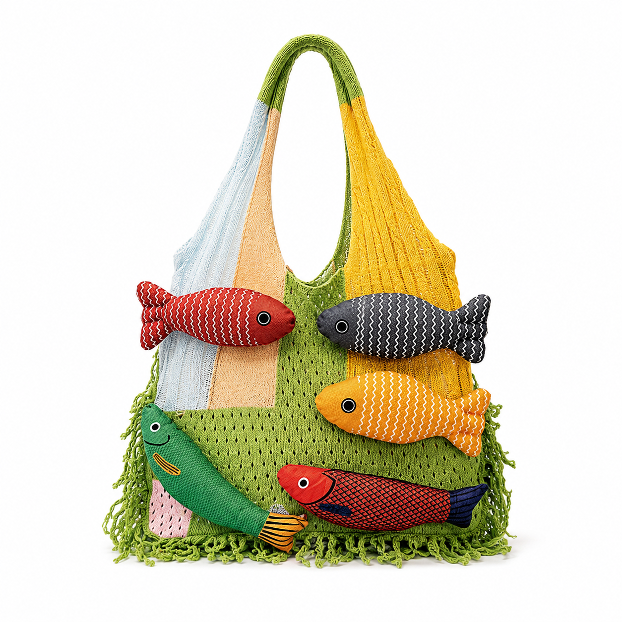 Hand-Knit Patchwork Fish Tote Bag | 14" x 13" Boho Shoulder Bag