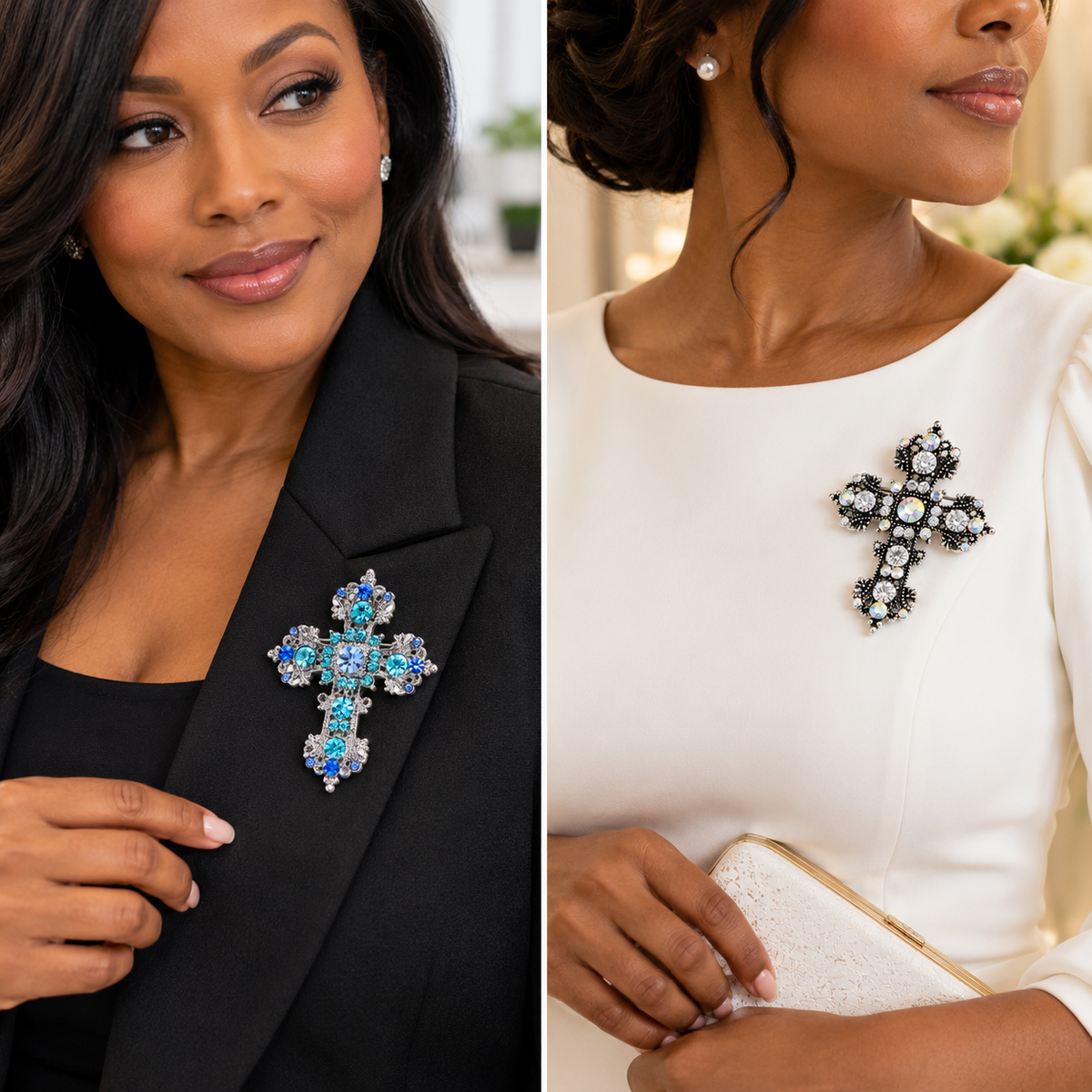 2-Piece Blue & Iridescent Jeweled Cross Brooch Set
