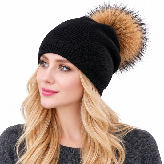 Women's Black Cashmere-Blend Beanie with Detachable Fur Pom Pom