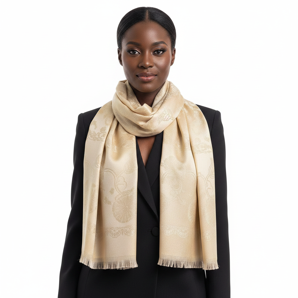 Champagne Jacquard Scarf – Front Lifestyle