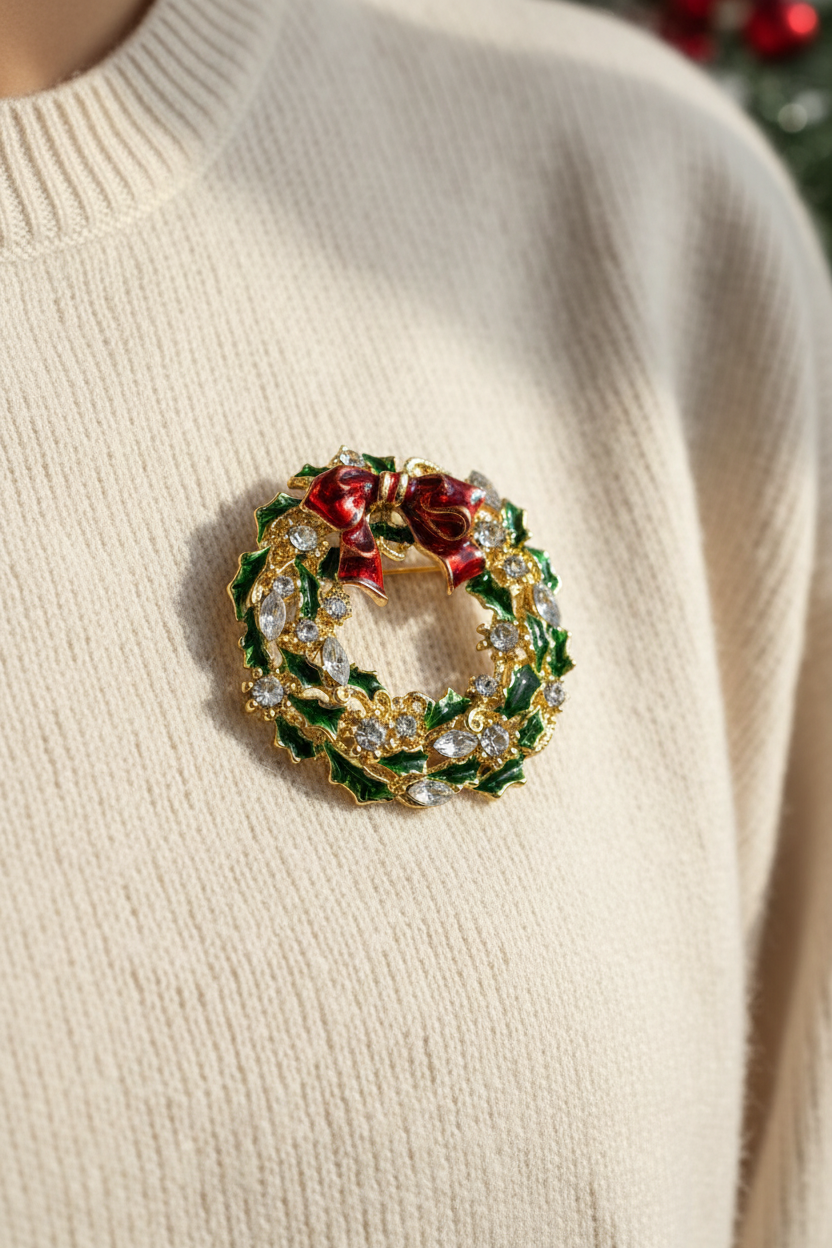 Christmas Wreath Brooch on Cream Sweater
