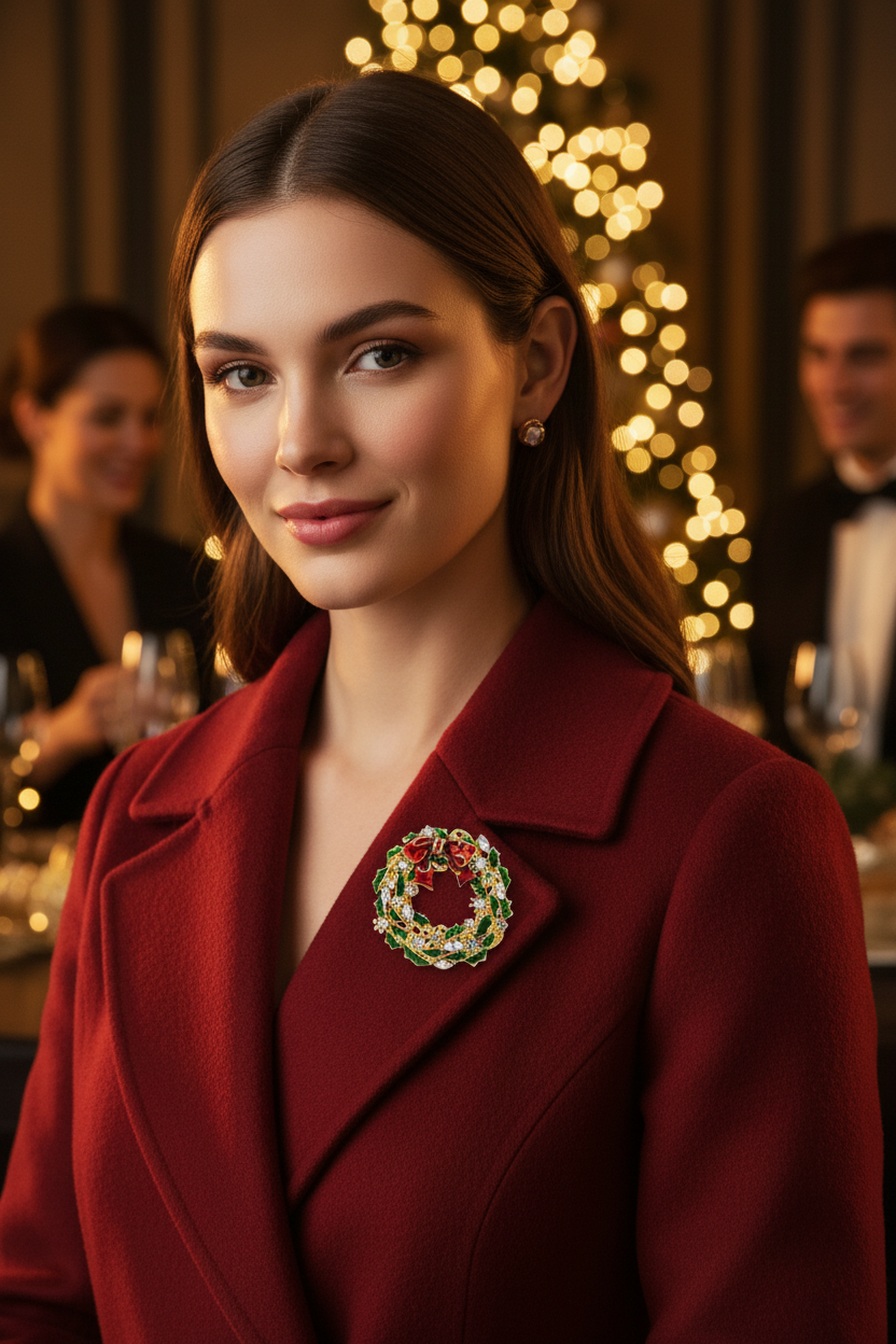 Christmas Wreath Brooch on Red Coat