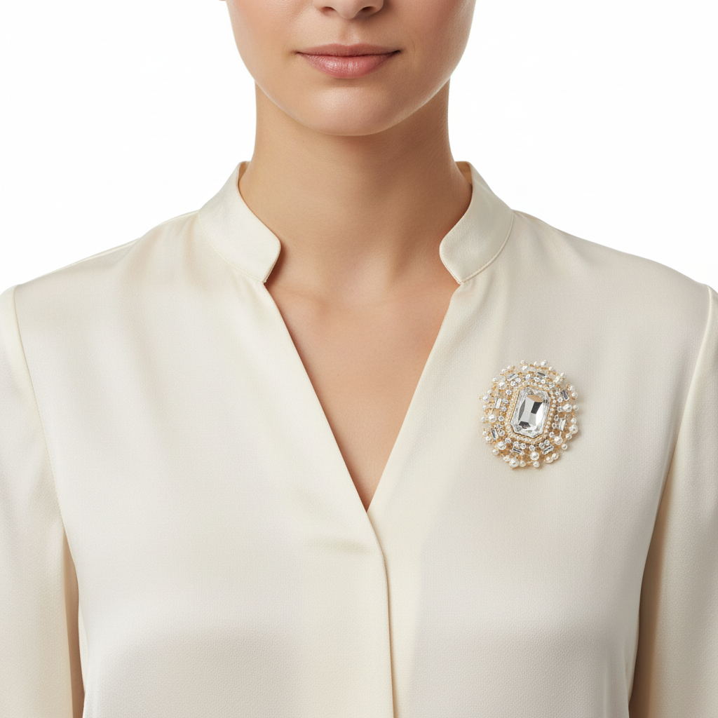 Clear brooch on cream blouse