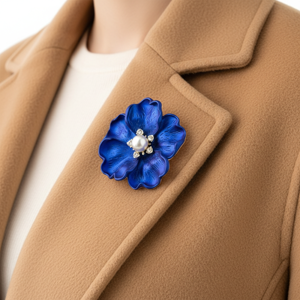 Cobalt Blue Matte Peony Brooch on Camel Coat