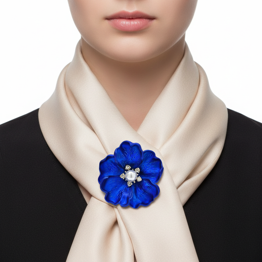 Cobalt Blue Matte Peony Brooch on Silk Scarf