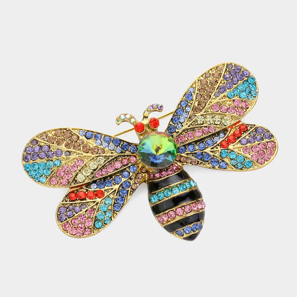 2pcs Crystal Bumble Bee Brooch Set Blue and Multicolor Rhinestone Pins