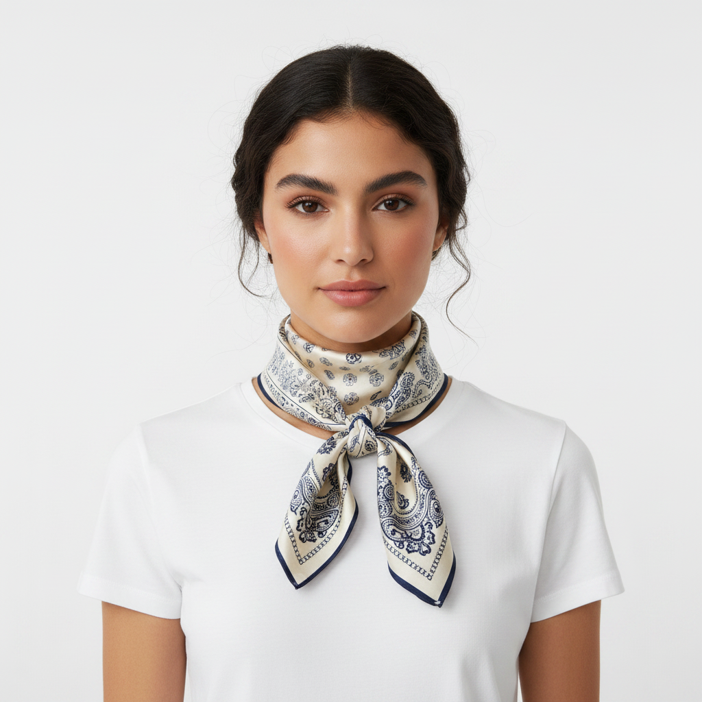 Cream & Navy Paisley Scarf - Front Lifestyle