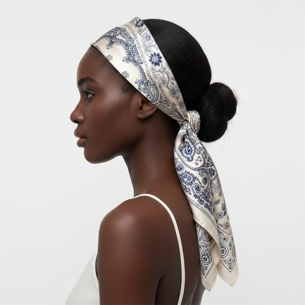 Cream & Navy Paisley Scarf - Side Lifestyle