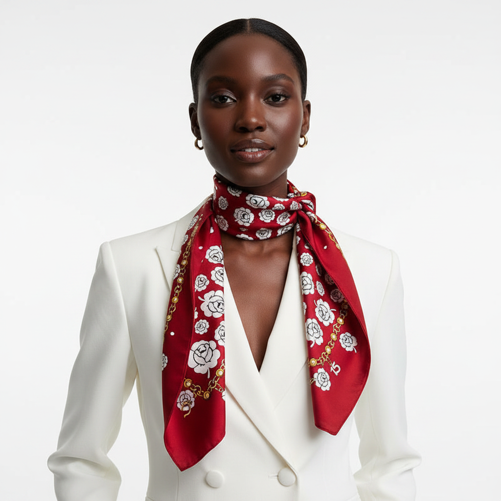 Crimson Camellia Scarf Front Lifestyle