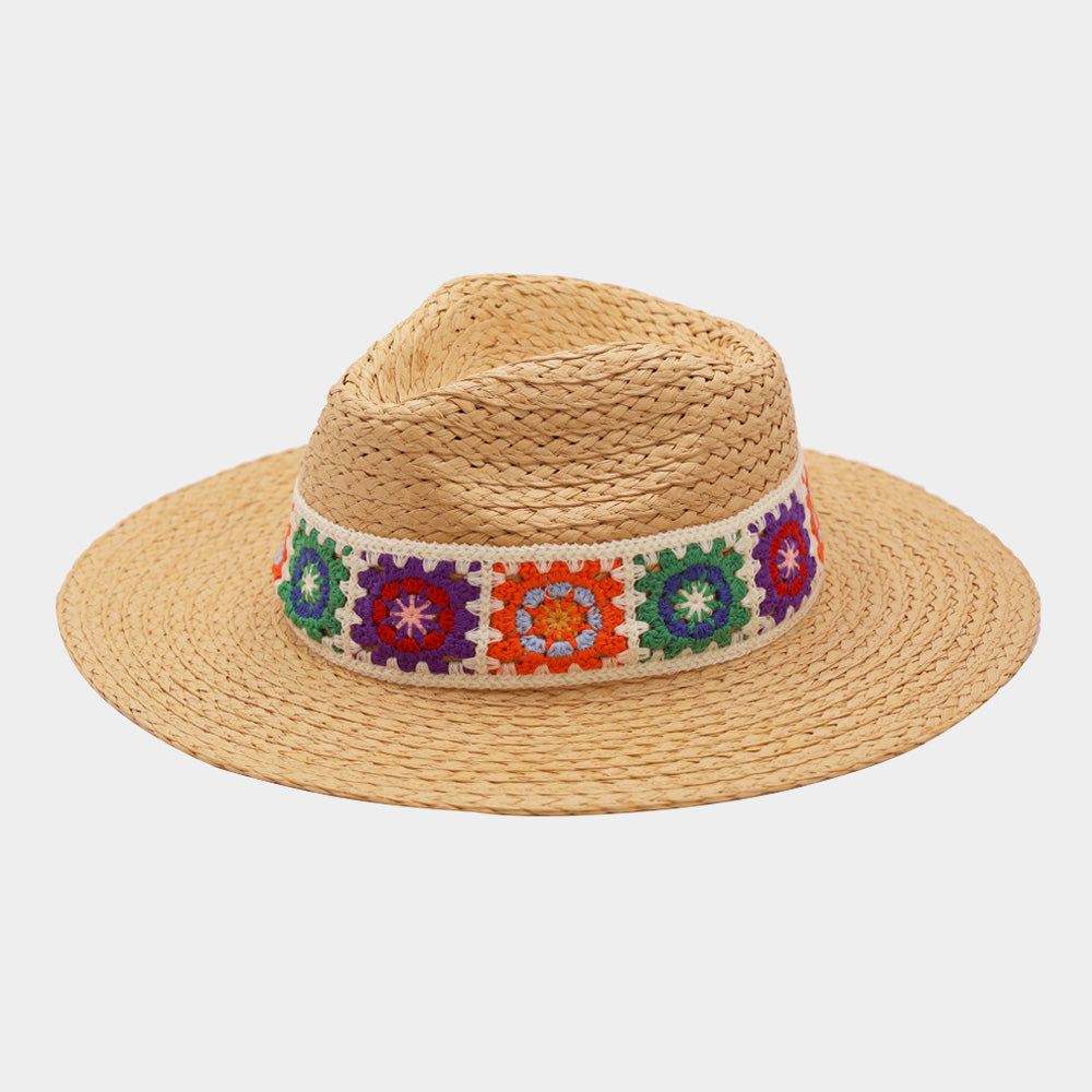 Handmade Floral Crochet Band Straw Hat