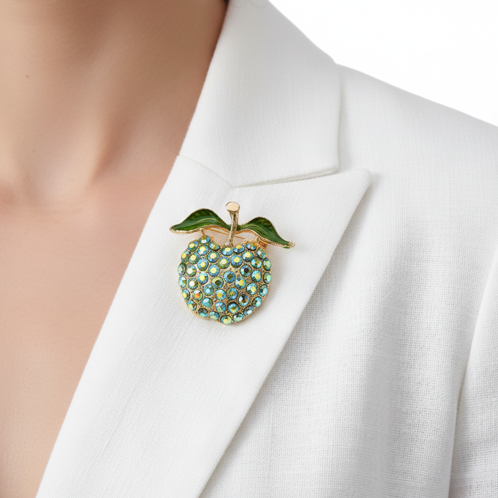 Crystal Apple Brooch on Blazer Lapel