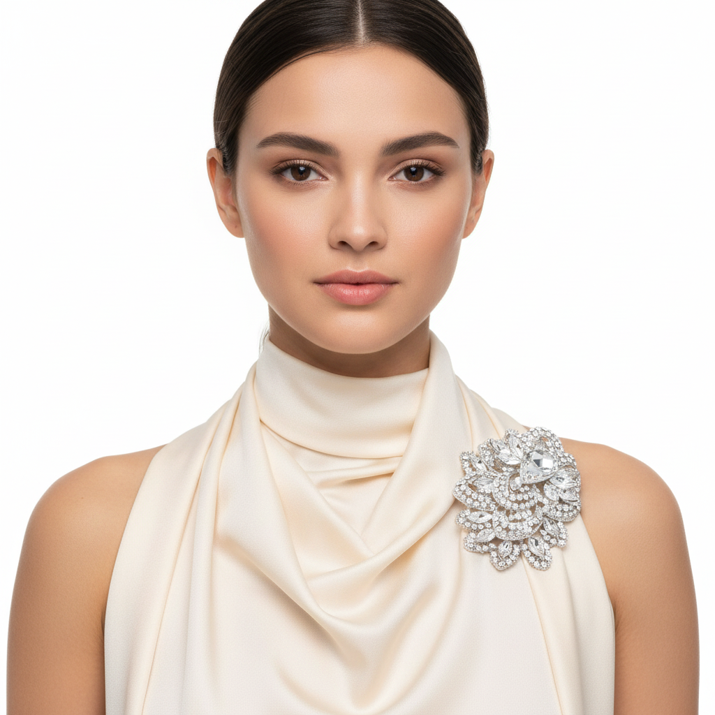 Crystal Brooch – Ivory Scarf