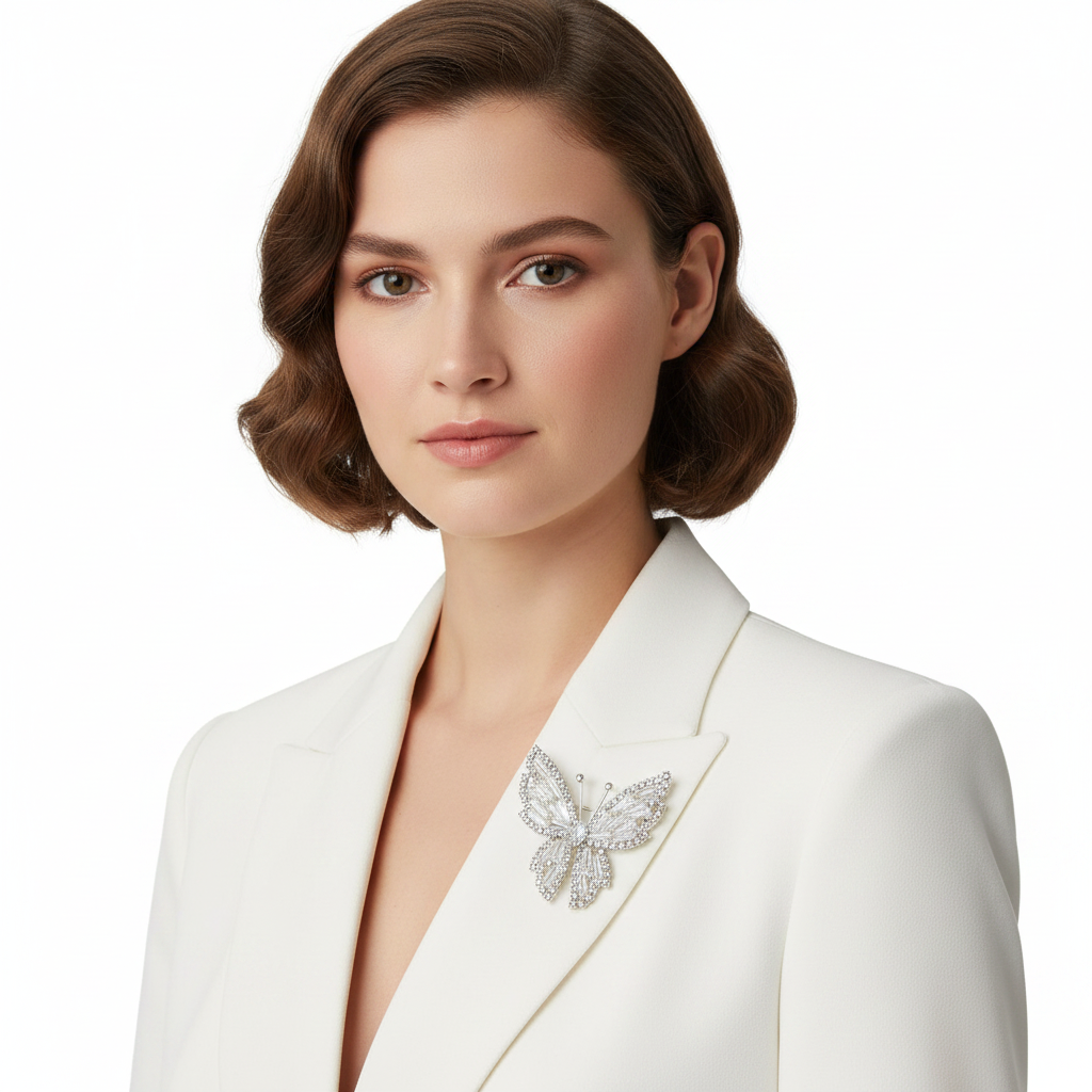 Crystal Butterfly Brooch on Blazer Lapel