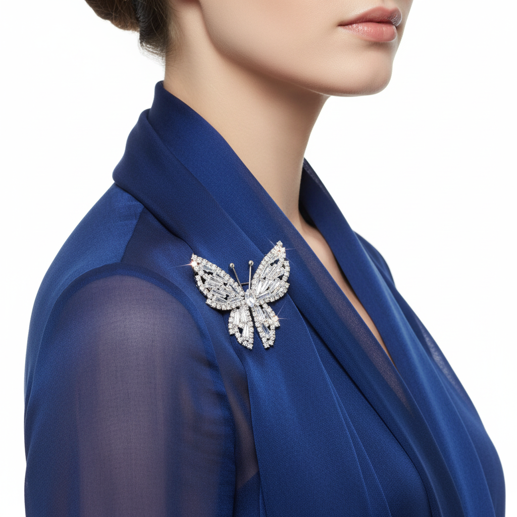 Crystal Butterfly Brooch on Silk Scarf
